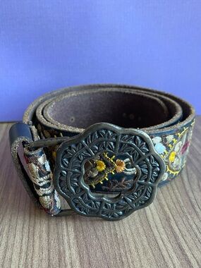 Vintage Lucky Brand Brown Embroidered Leather Belt Boho S